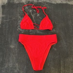 Bright Red Bikini With Sheer Long Sleeve Top
